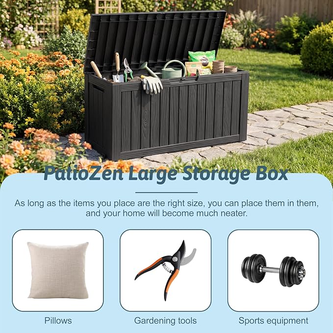 EasyUp 75 Gallon Outdoor Storage Box, Waterproof Compact Resin Deck Box with Wheels, UV-Resistant for Patio Furniture, Outdoor Cushions, Garden Tools and Pool Floats (Black, 75 Gallon)
