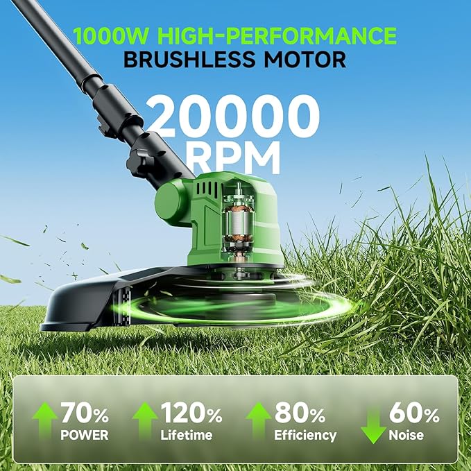 20000 RPM Brushless Battery Weed Wacker Cordless, 6000mAh Electric Weed Eater Battery Powered, Heavy Duty Brush Cutter Edger Lawn Tool/Weed Trimmer/Grass Trimmer W/Wheel Metal Blade, 2 Battery