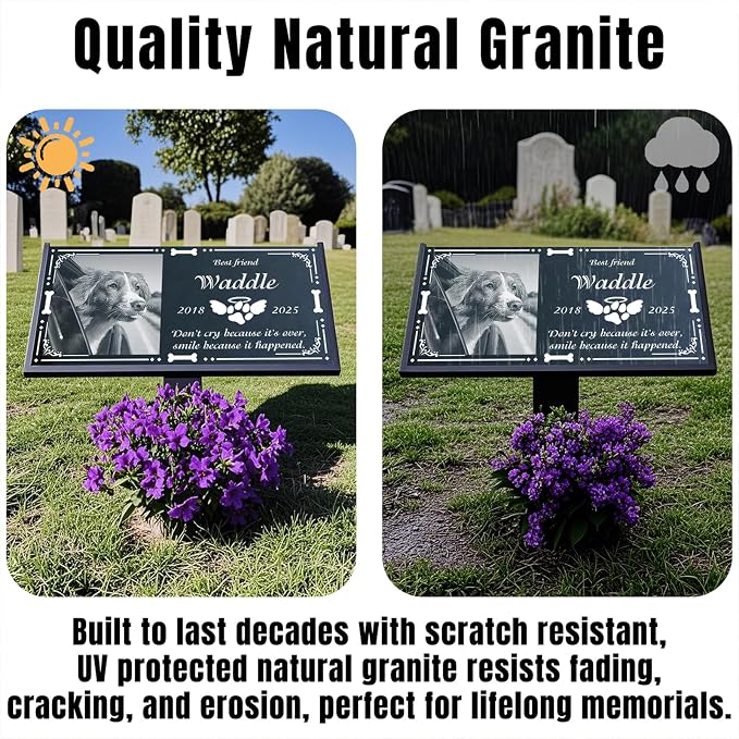 Pet Headstones for Dogs - Natural Granite Personalized Memorial Stone for Animal, Dog, Cat Grave Markers Funerary Tombstone with Photo Outdoor