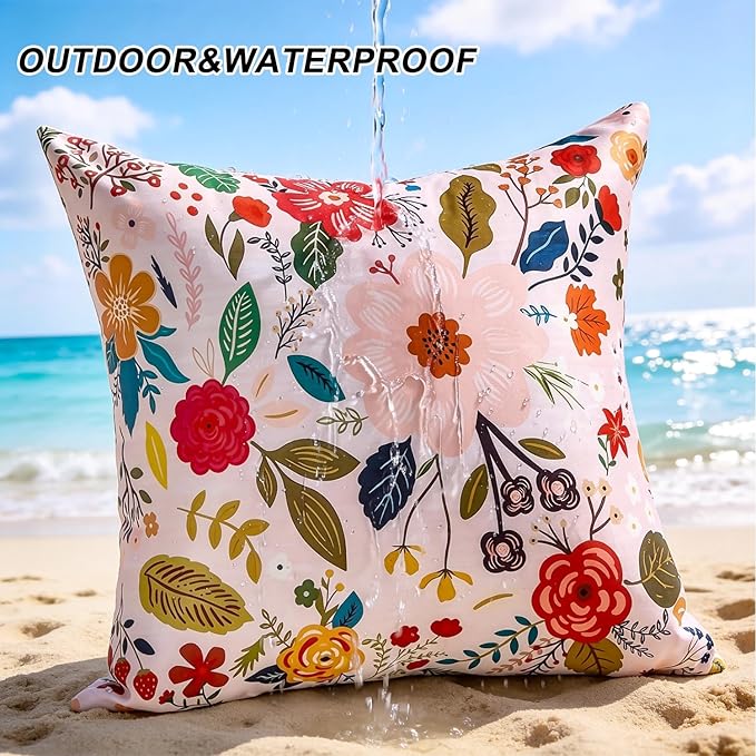 Outdoor Pillow Covers Waterproof Decorative Pink Pillow Covers Summer Floral Accent Square Couch Covers Garden Farmhouse Throw Cushion Cases 20x20 Inch Set of 2 for Patio Tent Balcony Bench Sofa