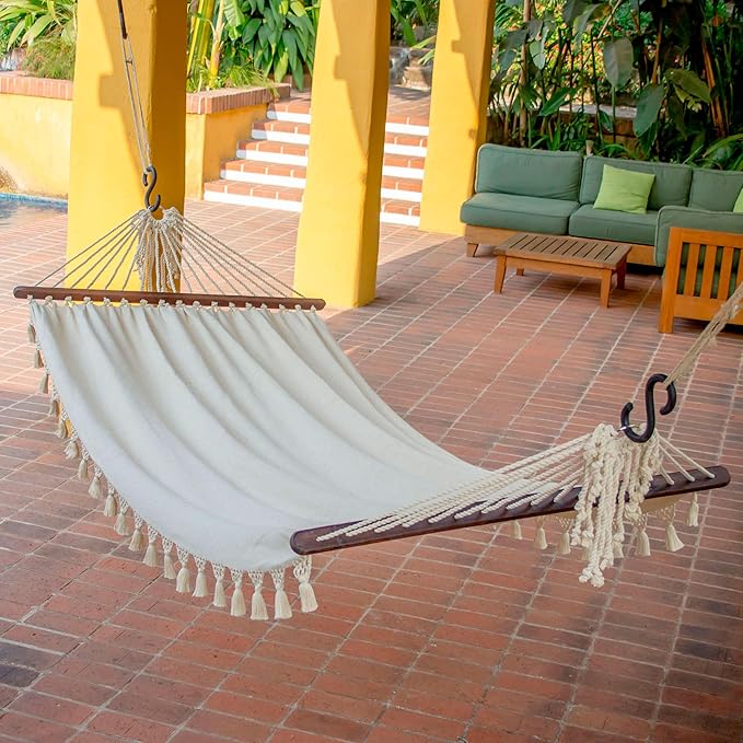 NOVICA Ivory White Cotton Fabric 1 Person Brazilian Style Hammock with Spreader Bars and Knotted Crochet Fringe, 'Take Me to The Sky' (Single)