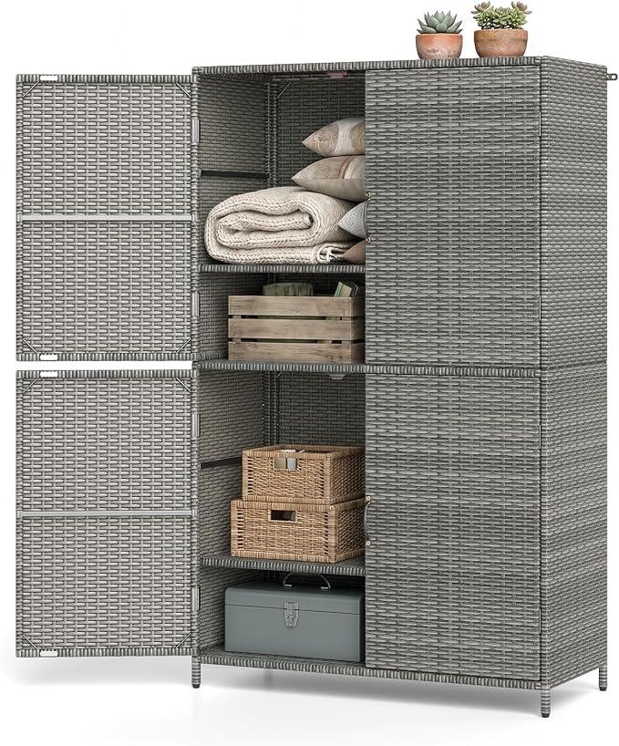 Tangkula Rattan Outdoor Storage Cabinet, Patiojoy Outdoor Cabinet with 2 Adjustable Shelves, 4 Doors, Patio Storage Deck Box Table for Patio Garden Poolside