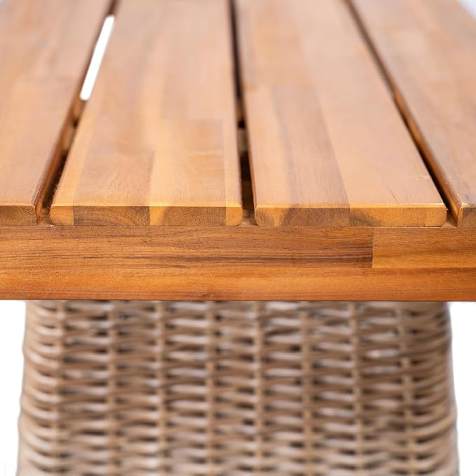 Christopher Knight Home Xavi Patio Acacia Wood Dining Set, Outdoor Side Table and Chairs Set with Slatted Panel Design and Handwoven Rattan Legs, Outdoor Furniture Set for Garden, 2 pcs, Brown + Teak