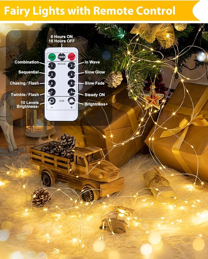 4 Pack 60 LED Fairy Lights Battery Operated with Remote, 20 FT Warm White | Cuttable, 8 Modes, Memory, Dimmable, Waterproof Battery String Lights with Timer for Indoor Outdoor, Christmas Decorations