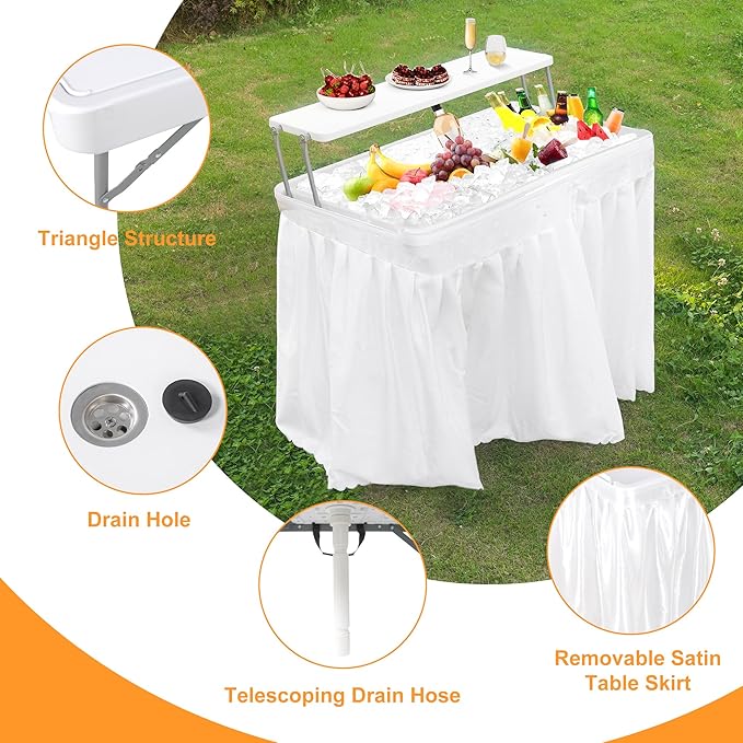 Allpop 2 Tiers Folding Ice Cooler Table with Matching Skirt, Portable Party Table with Grid Rack & Drain Hose for Patio Picnic Camping Wedding, White