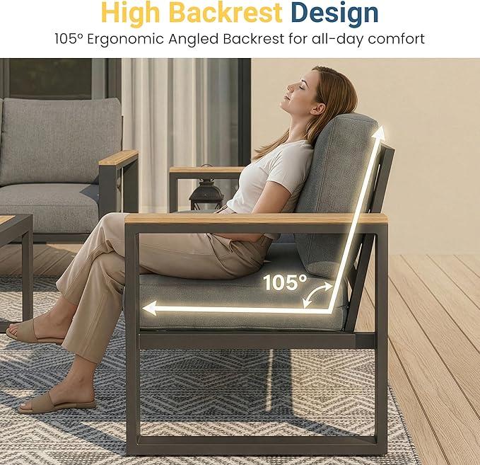 Aluminum Outdoor Patio Furniture Set with Height-adjustable Footrest for Lawn Porches Patio, 5-Seats All-weather Patio Sofa Sets with Coffee Table, Modern Outdoor Patio Conversation set, Grey
