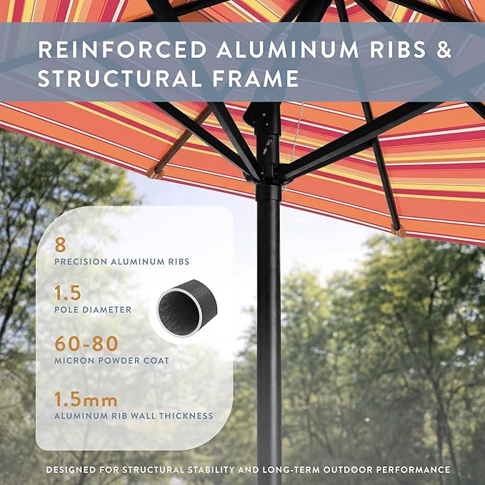 California Umbrella 12-Year Protection 7.5-Ft Outdoor Patio Umbrella, Sunbrella Fade-Resistant Fabric, Auto-Tilt, Heavy Duty Aluminum Frame, 8 Reinforced Ribs for Pool or Deck, Black Pole, Dolce Mango