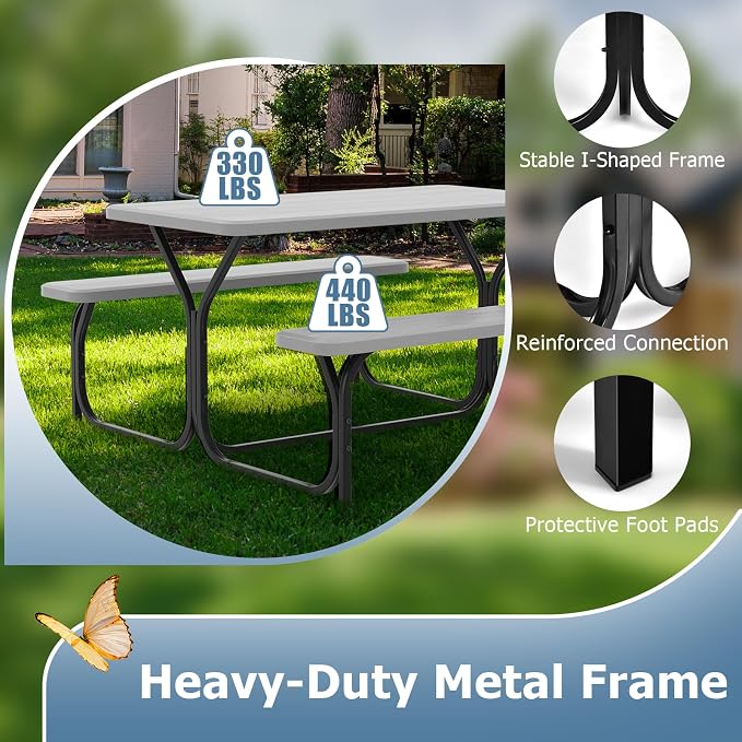 LDAILY Picnic Tables, Rectangular Picnic Table with Steel Frame, 2 Benches Set, HDPE Tabletop, Plastic Picnic Table for Outdoor, Camping, Patio, Lawn, Yard, Picnic Parties (Gray)