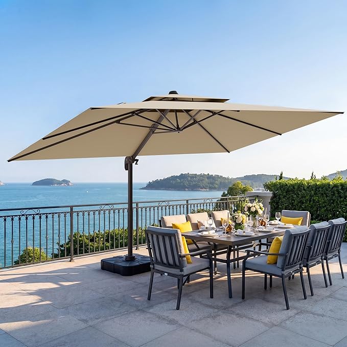 VEGOND 10x13 FT Patio Cantilever Umbrella with Base, Rectangular Heavy Duty Offset Umbrella for 8-10 People, 360°Rotation & Mult Tilt, Double Top Design, for Pool Garden Deck (Beige)