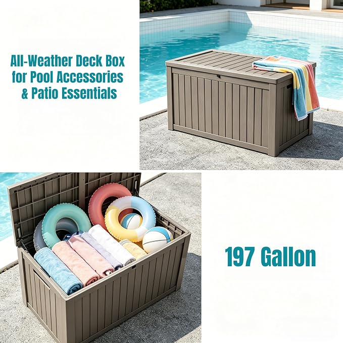 197 Gallon Large Resin Outdoor Storage Box, Waterproof Deck Box, Lockable Deck Container with Reinforced Support, Outdoor Chest for Patio Accessories, Outdoor Cushions, Garden Tools, Taupe Gray