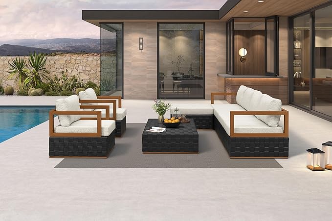 PURPLE LEAF Patio Outdoor Furniture Set 9 Pieces, Premium Leather Outdoor Couch Sectional Sofa, Patio Conversation Sets with Olefin Cushions, Patio Couch for Porch, Garden, Balcony, Black
