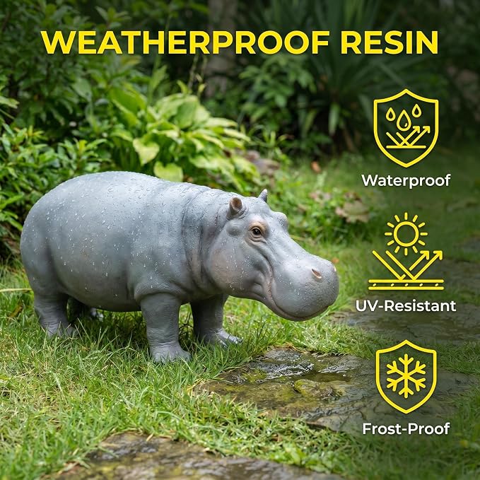 27.5" Lifelike Hippopotamus Garden Statue, Grey | Heavy-Duty Resin, Safari Yard Sculpture, Realistic Animal Figurine, For Outdoor Patio, Lawn & Poolside