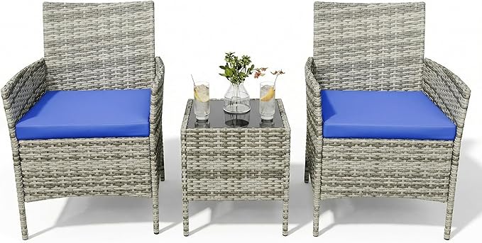 All-Weather PE Rattan Patio Bistro Set - 3 Piece Outdoor Conversation Furniture with 2 Chairs & Coffee Table - Compact Garden, Balcony, Porch Use - Grey or Black