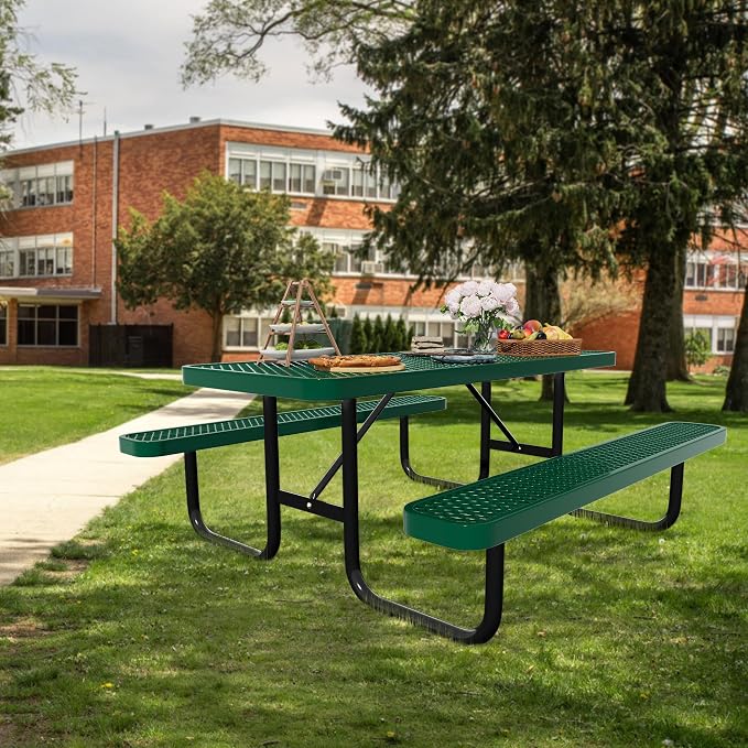 Picnic Tables for Outdoors,Commercial Metal Picnic Table Bench Set with Umbrella Hole,School Canteen Tables W/Seats - Heavy Duty Sturdy Picnic Tables Furniture for Patio Garden (Green, 4FT)