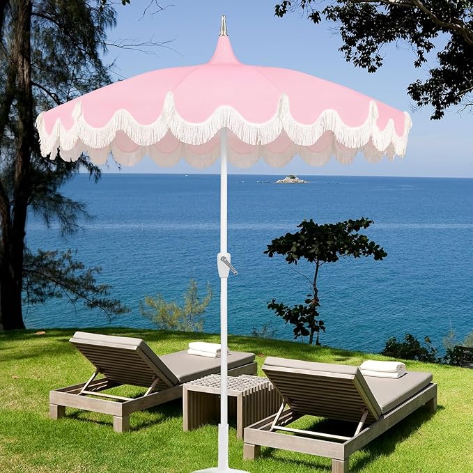 7.5ft Pagoda Patio Umbrella with Fringe, UPF50+ Tassel Umbrella with Crank & Fiberglass Ribs, Holiday Outdoor Umbrella for Garden Pool Lawn Yard Table