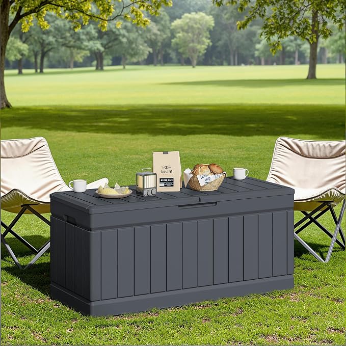 JUMMICO 78 Gallon Outdoor Deck Box Large Resin Storage Box for Patio Furniture Cushions, and Garden Tools (Gray)