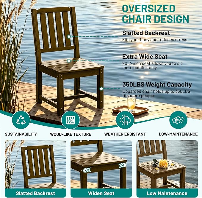PLUUV 5-Piece Outdoor Dining Set – HDPE Patio Furniture with Aluminum Table, Umbrella Hole, and 4 Armless Chairs, All-Weather Resistant for Garden & Backyard, Brown