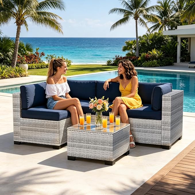 5 Pieces Outdoor Patio Furniture Set, Wicker Modular Sectional Sofa, All Weather Conversation Sets with Glass Table for Yard, Garden, Poolside, Off-White Rattan & Navy Blue Cushions