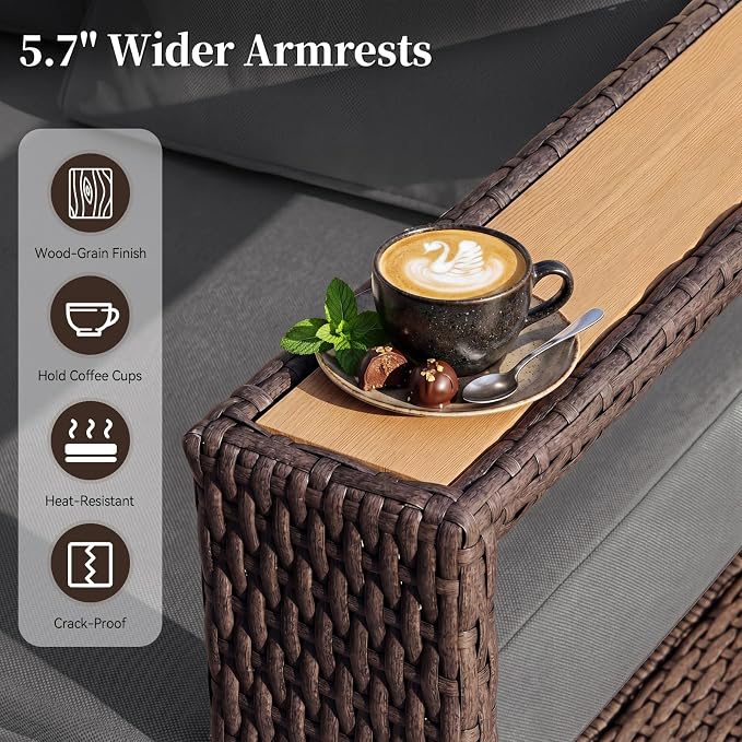 LazySunsets Patio Furniture Set, 8 Pieces Wicker Outdoor Sectional Sofa with 10'' Ultra-Thick Cushions & Ottomans, All-Weather Rattan Conversation Set for Backyard Poolside, Brown/Dark Gray