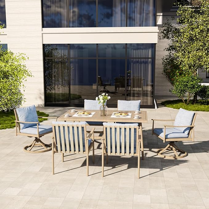 HAPPATIO 7-Piece Outdoor Dining Set for 6, Aluminum Patio Dining Set Includes 4 Dining Chairs, 2 Swivel Dining Chairs, and 1 Large Rectangular Table with Umbrella Hole, for Lawn Porch Yard, Brown