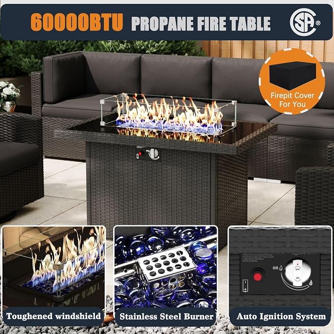 Patio Furniture Set with Fire Pit Table, 10 Pieces Outdoor All-Weather Wicker Conversation Sectional Chair Sofa Set with 2 Swivel Chairs