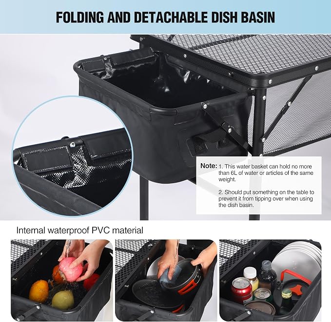 RedSwing Portable Grill Table with Sink for Outside, Aluminum Frame Folding Grill Stand Table for Outdoor Camping Picnic BBQ, Lightweight Adjustable Height, 36 x 20 x 31 Inches, Black