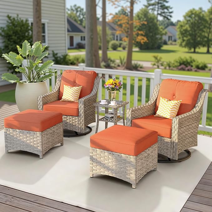 HOOOWOOO Patio Furniture Set,5 Pieces Wicker Outdoor Furniture,High Back Conversation Set with All Weather Resistant Swivel Chairs with Ottoman Side Table,Orange Red