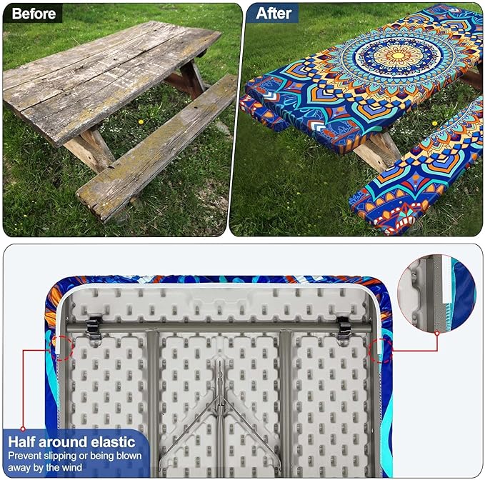 Picnic Table Cover with Bench Covers Camping Essentials Waterproof Windproof Camping Tablecloth with Drawstring Bag, Fitted Rectangle Tables and Seats, 72in, Yellow Blue Orange