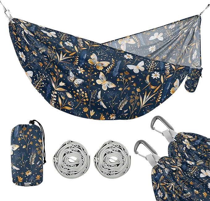 Camping Hammock Outdoor Hammocks for Outside Wildflowers Butterfly Beach Trees Portable Lightweight with Pockets Tree Straps Indoor