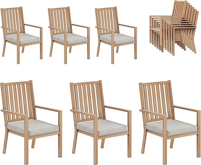 RoyalCraft Aluminum Outdoor Patio Chairs Set of 6, Outdoor Chairs with Waterproof Cushions, Outdoor Dining Chairs with Armrests, Metal Patio Furniture Set for Porch, Balcony, Deck, Backyard, Brown