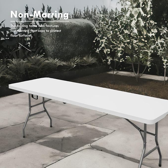 6ft Folding Table,Sturdy Outdoor Folding Table,Perfect for Camping Picnics Parties Foldable Table with Easy Setup Ideal Portable Table for Indoor & Outdoor Use (White, 6 Foot)