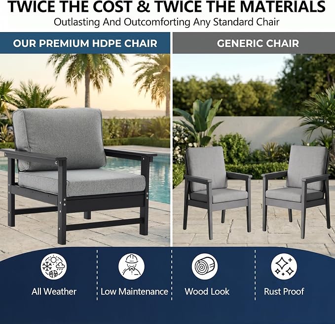 6-Piece Outdoor Patio Furniture Set, Modular HDPE Conversation Set with 3-Seater Sofa, 2 Armchairs & Large Coffee Table, Waterproof & UV-Resistant Outdoor Sofa with Cushions