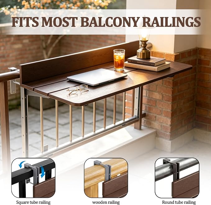 Balcony Bar Table for Railings, Outdoor Hanging Folding Adjustable Height Deck Rail Table for Patio, Garden, Rustproof Aluminum Alloy Frame,Weather Resistant, Easy Assembly