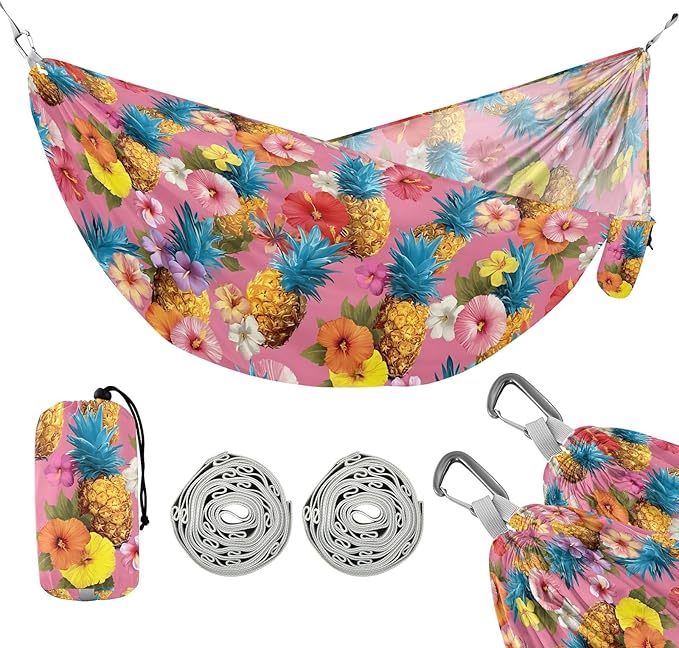 Camping Hammock Outdoor Hammocks for Outside Hibiscus Flower Pineapple Beach Trees Portable Lightweight with Pockets Tree Straps Indoor