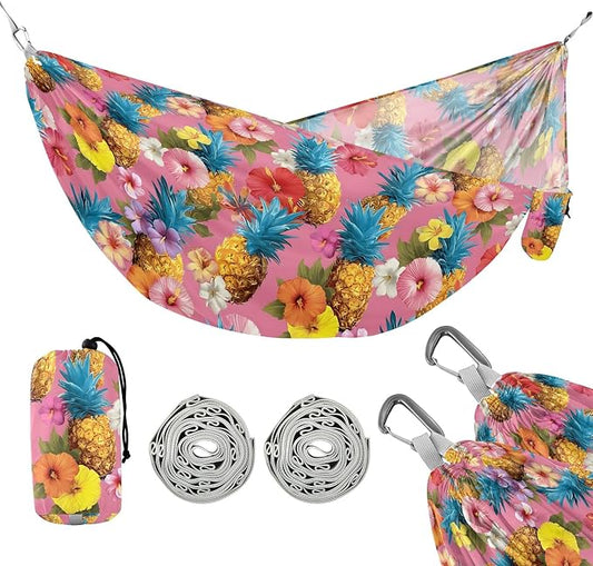 Camping Hammock Outdoor Hammocks for Outside Hibiscus Flower Pineapple Beach Trees Portable Lightweight with Pockets Tree Straps Indoor