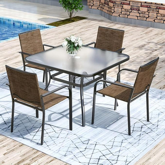 Anmutig 5-Piece Outdoor Patio Dining Set 37-Inch Square Glass Table with 4 Stackable Chairs for Lawn Backyard and Deck, Brown