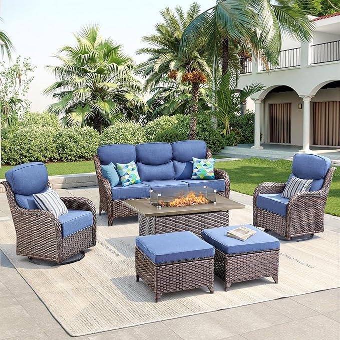 Luxury Patio Furniture Set with Fire Pit Table-6 Pieces All Weather Outdoor Swivel Rocker Chairs with Sofa and Ottomans. Outdoors Patio Conversation Sets for Porch Deck Garden Backyard(Brown/Blue)