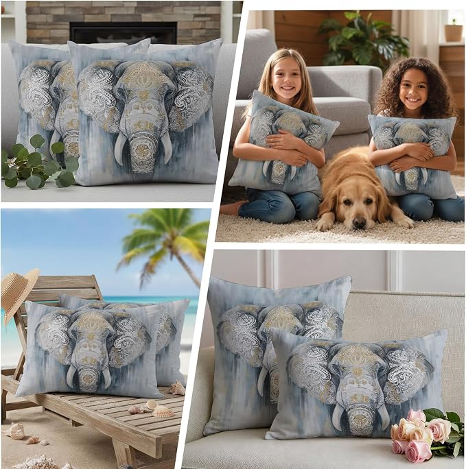 Boho Elephant Outdoor Pillow Covers 20"x20" Set of 2, Floral Pattern Animal Abstract Waterproof Throw Pillow Covers for Patio Furniture, Decorative Cushion Covers for Porch