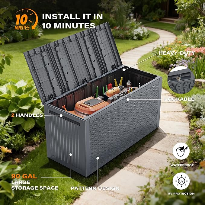VINGLI 90 Gallon Outdoor Storage Box, Lockable Plastic Storage Containers with Lid, Patio Deck Box Furniture for Garden, Pool, Balcony, Yard (Gray)
