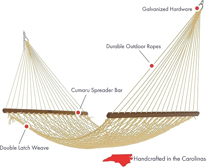 Nags Head Hammocks Admiral Tan DURACORD Rope Hammock – 13 ft. x 65 in., 2-Person, 450 lb Capacity, Cumaru Spreader Bar, Free Chains & Tree Hooks, Handcrafted in The USA