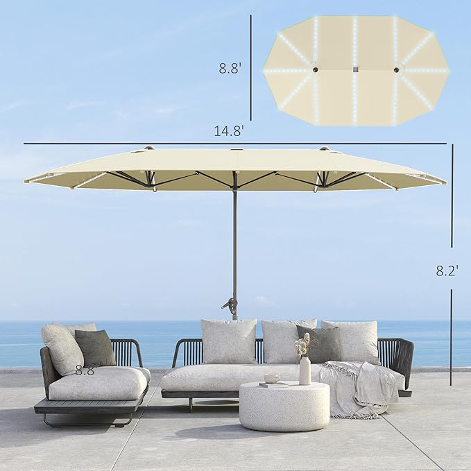 Outsunny 15ft Extra Large Patio Umbrella with Bright Solar Lights, Aluminum UPF50+ Double-Sided Outdoor Table Market Umbrella with Fiberglass Ribs Crank Air Vents for Backyard Deck Pool