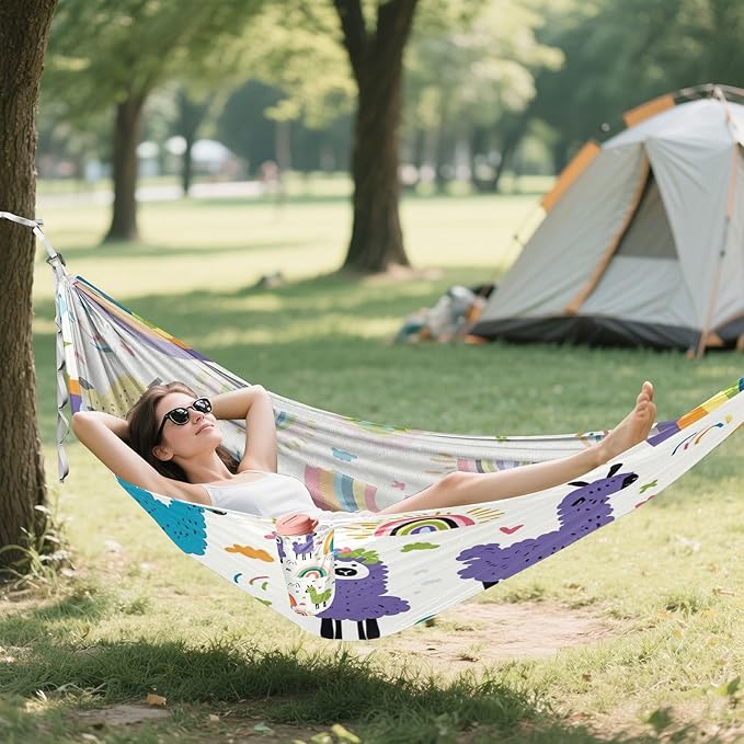 Qilmy Rainbows and Llama Camping Hammock Single – 330 lbs Capacity, Lightweight with Tree Straps & Carabiners, Portable for Hiking, Travel, Backpacking