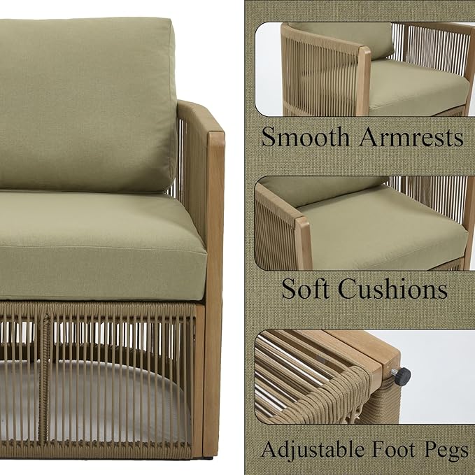 Patio Lounge Sofa Set of 2, Loveseat Rope Patio Furniture Set with Table, Outdoor Aluminum Conversation Sets, Outdoor Chair Sets for Porch, Garden, Deck, Balcony, Green