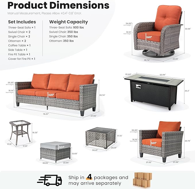 ovios 10 Pieces Patio Furniture Set, Outdoor Wicker Sofa Couch with Rocking Swivel Chairs Solar Light Table Fire Pit, Modern Deep Seat Rattan Conversation Sets, Orange Red