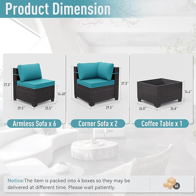 ALAULM 9 Pieces Patio Furniture Set Wicker Patio Conversation Set, Outdoor Sectional Furniture w/Coffee Table & Washable Seat Cushions-Blue