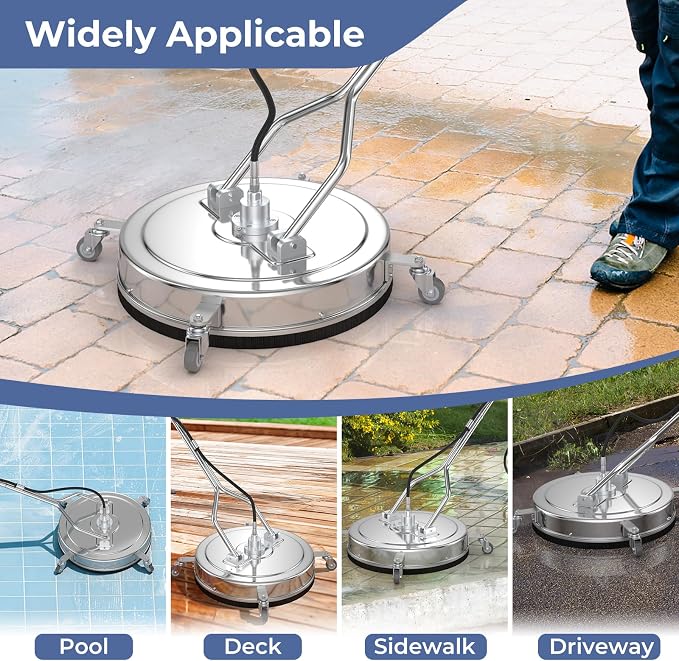 COSTWAY 20" Pressure Washer Surface Cleaner, Stainless Steel Power Cleaner Attachment with Casters, Dual Handles, 3/8'' Quick-Connect, Replacement Nozzle Cores & 2 Hose Adapters, 4000 PSI