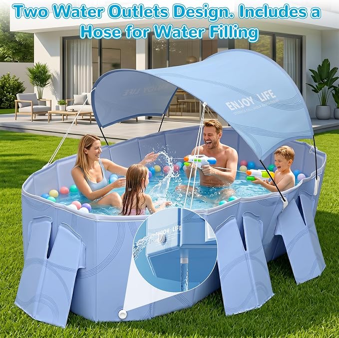 Foldable Pool with Canopy,Large Portable Pool for Adult,Thickened Collapsible Folding Pool for Backyard,85×50×22 in,20 Seconds Installation&Titanium Silver Canopy,Feels-Like Temp 50°F – 64.4°F,Blue