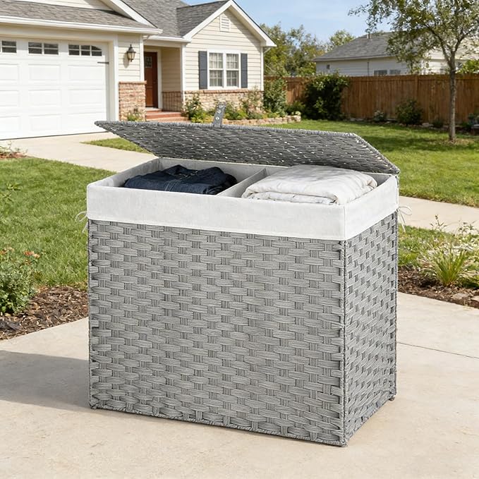 Outdoor Wicker Laundry Hamper with Lid,130L Foldable Laundry Basket with Removable,Machine Washable 2-Section Liner and Handles,Handwoven Gray Rattan Hamper for Organization and Storage