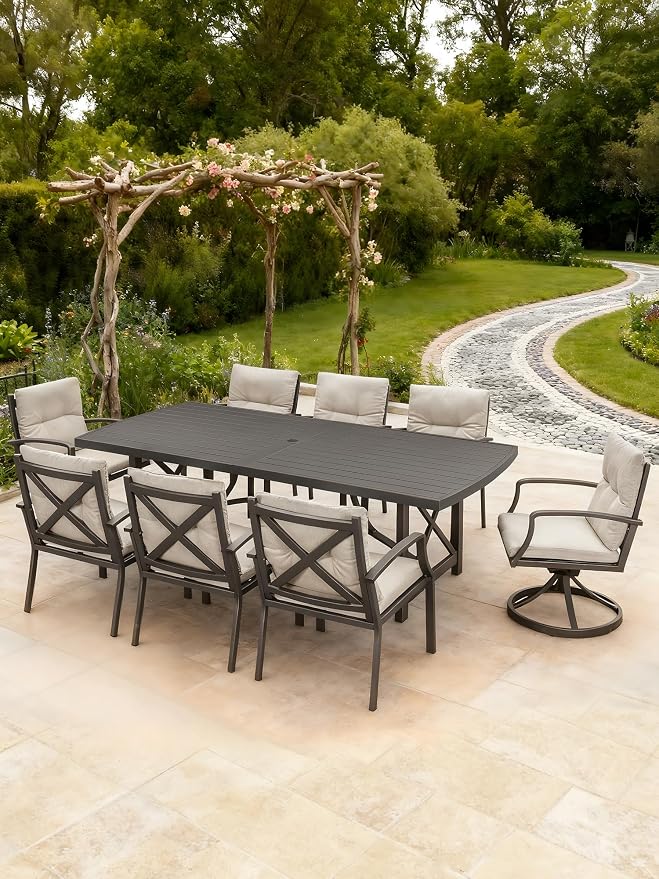 9 Pieces Outdoor Dining Set, Never-Rust Aluminum Patio Dining Set for 8, Patio Table and Chairs Set with 2 Swivel Rocker Chairs, Patio Furniture Setfor Decks, Garden, Lawn, Gunmetal