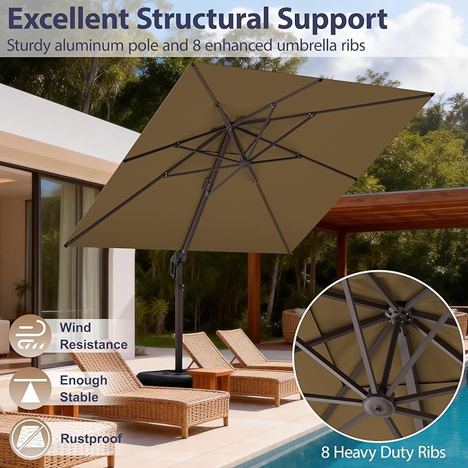 10' X 10' Patio Umbrella Cantilever Outdoor Rectangle Umbrella, Heavy Duty 360°Rotation Offset Umbrella for Garden Deck Pool Patio, Brown